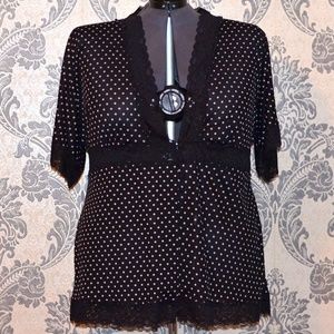 Button Front Black White Dot Sheer and Lace Top